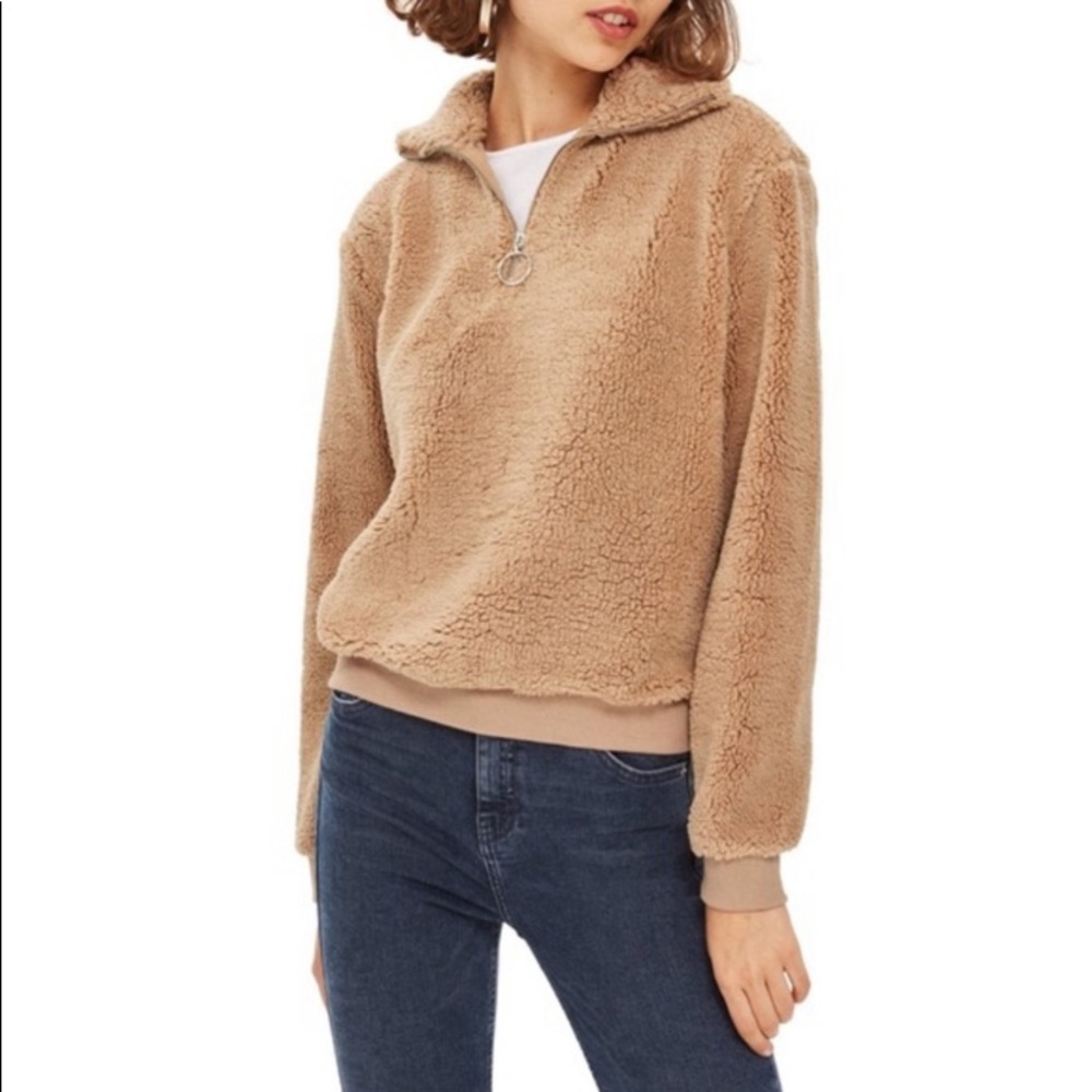Topshop Quarter Zip Fleece Teddy Sweatshirt In Tan Pullover Jacket  Size 12‎